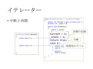 イテレーター
• 中断と再開

class MethodEnumerator : IEnumerator<int>
{
public int Current { get; private set; }
private int _state = 0;
public bool MoveNext()
{
switch (_state)
{
case 0:

状態の記録

Current = 1;
Current = 1;
_state = 1;
_state = 1;
return true;
中断
return 1:
case true;
case 1: = 2;
Current
_state = 2;
return true; 再開用のラベル

IEnumerable<int> Method()
{
yield return 1;

yield return 2;

case 2:
}
}

}

}

default:
return false;

 