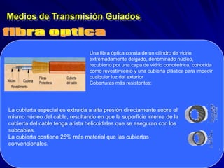 Medios de Transmisión Guiados



                                Una fibra óptica consta de un cilindro de vidrio
                                extremadamente delgado, denominado núcleo,
                                recubierto por una capa de vidrio concéntrica, conocida
                                como revestimiento y una cubierta plástica para impedir
                                cualquier luz del exterior
                                Coberturas más resistentes:




La cubierta especial es extruida a alta presión directamente sobre el
mismo núcleo del cable, resultando en que la superficie interna de la
cubierta del cable tenga arista helicoidales que se aseguran con los
subcables.
La cubierta contiene 25% más material que las cubiertas
convencionales.
 