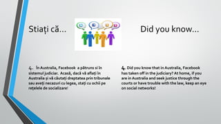Stiați că…

4.

În Australia, Facebook a pătruns si în
sistemul judiciar. Acasă, dacă vă aflați în
Australia și vă căutați dreptatea prin tribunale
sau aveți necazuri cu legea, stați cu ochii pe
rețelele de socializare!

Did you know…

4. Did you know that in Australia, Facebook

has taken off in the judiciary? At home, if you
are in Australia and seek justice through the
courts or have trouble with the law, keep an eye
on social networks!

 