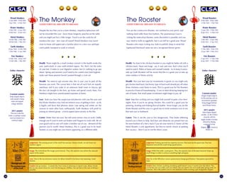 10 11
Despite the fact that you’re a born Monkey, impulsive behaviour will
not be rewarded this year - leave those longevity peaches on the table
and you might just live a little longer. Travel is on the cards for all
monkeys this year - new zoos all round! Wood Monkeys may travel
close to home and appreciate a familiar place in a new way (perhaps
catch public transport to work or school).
Health There might be a small monkey wrench in the health works this
year, particularly in your earth-related organs. No, that's not the soles
of your feet. It refers to your digestive system, but it's nothing to go ape
about. Spring and summer you’ll need to be careful over food hygiene -
make sure those peanuts haven't passed through a civet cat.
Wealth No need to ape anyone else, this is your year to peel all the
bananas you want. The caveat here is that not all such fruit are equally
nutritious; and if you wake in an unknown hotel room in Macau, get
Monkeys might have unanticipated expenses at home.
Love Note you have the auspicious red phoenix with you this year and
it legally and leave that phoenix alone. Late spring and winter are the
joining an interest group - a brick-appreciation society or the like.
Career Better than last year, but still some simian virus at work. Oddly
enough you’ll want to seek out Snakes and Dragons to work with. Be on
your guard and no one will make a monkey out of you - demand all the
peanuts you’re worth! Metal Monkeys, this is a good year to be head-
hunted, so you might see your brains appearing on a different table.
The Monkey
GOOD FORTUNE: MID-APR TO MID-MAY
Image: The wind drives this image across heaven. Thus, the superior ma
aspect of his nature.
Judgement: The taming power of the small has success. Dense clouds, no rain from our
western region.
Line: Nine in the second place means: he allows himself to be drawn into returning. Good
fortune.
Verdict: Eat up monkey - it sounds like Tom Cruise is returning to Oprah’s sofa, dense clouds
but no rain means those two won’t be having any children, but out here in the east anything is
possible.
Wood Monkey:
22 Jan 2004 - 8 Feb 2005
5 Jan 1944 - 12 Feb 1945
Water Monkey:
4 Feb 1992 - 22 Jan 1993
6 Feb 1932 - 25 Jan 1933
Metal Monkey:
16 Feb 1980 - 4 Feb 1981
20 Feb 1920 - 7 Feb 1921
Earth Monkey:
30 Jan 1968 - 16 Feb 1969
2 Feb 1908 - 21 Jan 1909
Fire Monkey:
12 Feb 1956 - 30 Jan 1957
13 Feb 1896 - 1 Feb 1897
Zodiac character:
Constant amulet:
Snake-shaped objects:
craft yourself a hemp
snake and support
cottage industries.
2015 amulet:
This year is also the
Snake, so perhaps contact
your local dealer for a
continual supply.
猴
Image: Within the earth, wood grows. Thus, the superior man of devoted character heaps up
small things in order to achieve something high and great.
Judgement: Pushing upwards has supreme success. One must see the great man. Fear not.
Departure towards the south brings good fortune.
Line: One pushes upwards by
steps.
Verdict: Dear chicken, pushing something uphill doesn’t mean it needs to be that idiom. This
can be the year you make your own idiom, but you need to do so in small steps going south. In
summary, this is the perfect year to visit Antarctica while wearing a pair of Japanese slippers.
The Rooster
GOOD FORTUNE: MID-MAY TO MID-JUN
Health No time to be chicken-hearted or you might be better off with a
chicken heart. Heart and lungs - say it over and over, that’s what you’ll
need to watch. Elders at home and yourself outside - try to keep it sunny-
side up! Earth Roosters will be aware that this is a good year to take up
Wealth Not your best year for investments in grains as you might only
get chicken feed back, but henny type of hard work should pay off when
those chickens come home to roost. This is a good year for Fire Roosters
sets of books, that small paper investment might begin to pay off.
Love
nights. Even if you’re no spring chicken, this could be a good year for
preening, strutting and shaking that tail feather. Never forget, you are the
Water Rooster and this year is a good one to invite someone over to see
that nest you’ve feathered.
Career This is not the year to live dangerously. That Snake slithering
toward you is there to help. Bad stars and obstacles are present but can
be mere feathers off a hen’s back if you set your mind to it. Some call the
Metal Rooster a rank opportunist, but they’re merely slower at spotting
that vacancy - best if you’re not the direct cause.
d
visiting the meticulous Rooster, some discomfort is possible and you
may need to walk on eggshells, but it can still be a good year. Wood
Roosters who enjoy writing may look to publish; keep in mind that
haphazard blackmail notes are not a recognised literary genre.
Wood Rooster:
9 Feb 2005 - 28 Jan 2006
13 Feb 1945 - 1 Feb 1946
Water Rooster:
23 Jan 1993 - 9 Feb 1994
26 Jan 1933 - 13 Feb 1934
Metal Rooster:
5 Feb 1981 - 24 Jan 1982
8 Feb 1921 - 27 Jan 1922
Earth Rooster:
17 Feb 1969 - 5 Feb 1970
22 Jan 1909 - 9 Feb 1910
Fire Rooster:
31 Jan 1957 - 17 Feb 1958
26 Jan 1897 - 11 Feb 1898
Zodiac character:
Constant amulet:
Dragon-shaped objects:
for the punning cock we
recommend a gladiator
being dragged behind
some Roman horses.
2015 amulet:
More dragon-shaped
amulets - try the Chinese
character with the
largest number of strokes
allowed by Beijing,
composed of four
dragons: it means to
blather on.
雞
 