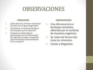OBSERVACIONES
PREGUNTA
1. ¿Qué observas al hacer reaccionar
el suelo con el agua oxigenada?
2. ¿Al colocar la muestra tratada al
microscopio qué se observa?
3. Compara lo observado al
microscopio con la información
del siguiente cuadro y responde
¿qué minerales están presentes
en tu muestra?
OBSERVACIÓN
1. Una efervescencia o
burbujeo constante,
obtenida por el contacto
de muestras orgánicas.
2. Se notan de forma más
clara los minerales.
3. Calcita y Magnetita
 