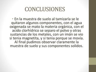 CONCLUSIONES
• En la muestra de suelo al tamizarla se le
quitaron algunos componentes, con el agua
oxigenada se mato la materia orgánica, con el
acido clorhídrico se separo el polvo y otras
sustancias de los metales, con un imán se vio
si tenia magnetita, y si tenia porque se movía.
Al final pudimos observar claramente la
muestra de suelo y sus componentes solidos.
 