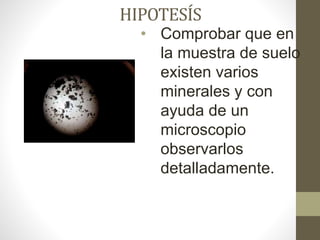 HIPOTESÍS
• Comprobar que en
la muestra de suelo
existen varios
minerales y con
ayuda de un
microscopio
observarlos
detalladamente.
 