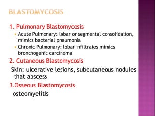 1. Pulmonary Blastomycosis
 Acute Pulmonary: lobar or segmental consolidation,
mimics bacterial pneumonia
 Chronic Pulmonary: lobar infiltrates mimics
bronchogenic carcinoma
2. Cutaneous Blastomycosis
Skin: ulcerative lesions, subcutaneous nodules
that abscess
3.Osseous Blastomycosis
osteomyelitis
 