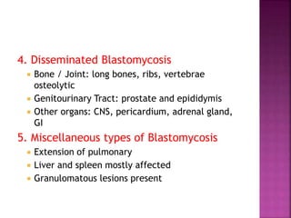 4. Disseminated Blastomycosis
 Bone / Joint: long bones, ribs, vertebrae
osteolytic
 Genitourinary Tract: prostate and epididymis
 Other organs: CNS, pericardium, adrenal gland,
GI
5. Miscellaneous types of Blastomycosis
 Extension of pulmonary
 Liver and spleen mostly affected
 Granulomatous lesions present
 