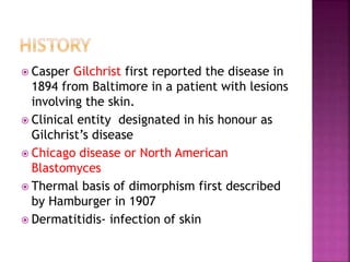  Casper Gilchrist first reported the disease in
1894 from Baltimore in a patient with lesions
involving the skin.
 Clinical entity designated in his honour as
Gilchrist’s disease
 Chicago disease or North American
Blastomyces
 Thermal basis of dimorphism first described
by Hamburger in 1907
 Dermatitidis- infection of skin
 