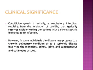 • Coccidioidomycosis is initially, a respiratory infection,
resulting from the inhalation of conidia, that typically
resolves rapidly leaving the patient with a strong specific
immunity to re-infection.
• However, in some individuals the disease may progress to a
chronic pulmonary condition or to a systemic disease
involving the meninges, bones, joints and subcutaneous
and cutaneous tissues.
 