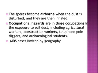 The spores become airborne when the dust is
disturbed, and they are then inhaled.
 Occupational hazards are in those occupations in
the exposure to soil dust, including agricultural
workers, construction workers, telephone pole
diggers, and archaeological students.
 AIDS cases limited by geography.
 
