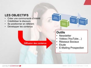 L O Y A L T Y C O M P A N Y
Customer Marketing Solutions W W W . L O Y A L T Y C O M P A N Y . C O M
LES OBJECTIFS
• Créer une communauté d’intérêt
• Crédibiliser le discours
• Se positionner en référent
• Développer les contenus
Outils
• Newsletter
• Vidéos (YouTube…)
• Réseaux Sociaux
• Etude
• E-Mailing Prospection
…
W W W . L O Y A L T Y C O M P A N Y . C O M
 