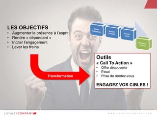 L O Y A L T Y C O M P A N Y
Customer Marketing Solutions W W W . L O Y A L T Y C O M P A N Y . C O M
LES OBJECTIFS
• Augmenter la présence à l’esprit
• Rendre « dépendant »
• Inciter l’engagement
• Lever les freins
Outils
« Call To Action »
• Offre découverte
• Essai
• Prise de rendez-vous
ENGAGEZ VOS CIBLES !
W W W . L O Y A L T Y C O M P A N Y . C O M
 