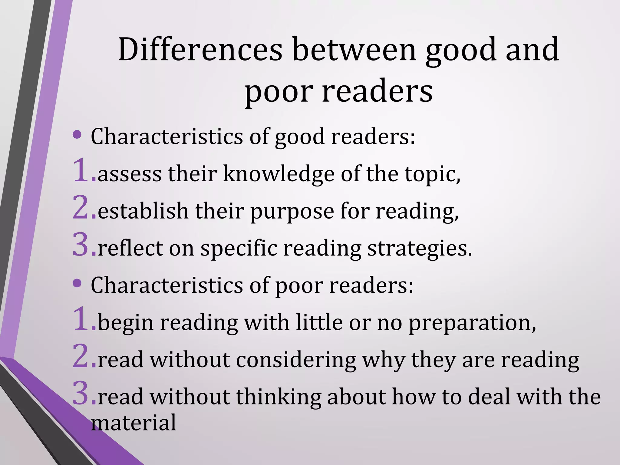 Differences between good and
poor readers

• Characteristics of good readers:
1.assess their knowledge of the topic,
2.establish their purpose for reading,
3.reflect on specific reading strategies.
• Characteristics of poor readers:
1.begin reading with little or no preparation,
2.read without considering why they are reading
3.read without thinking about how to deal with the
material

 