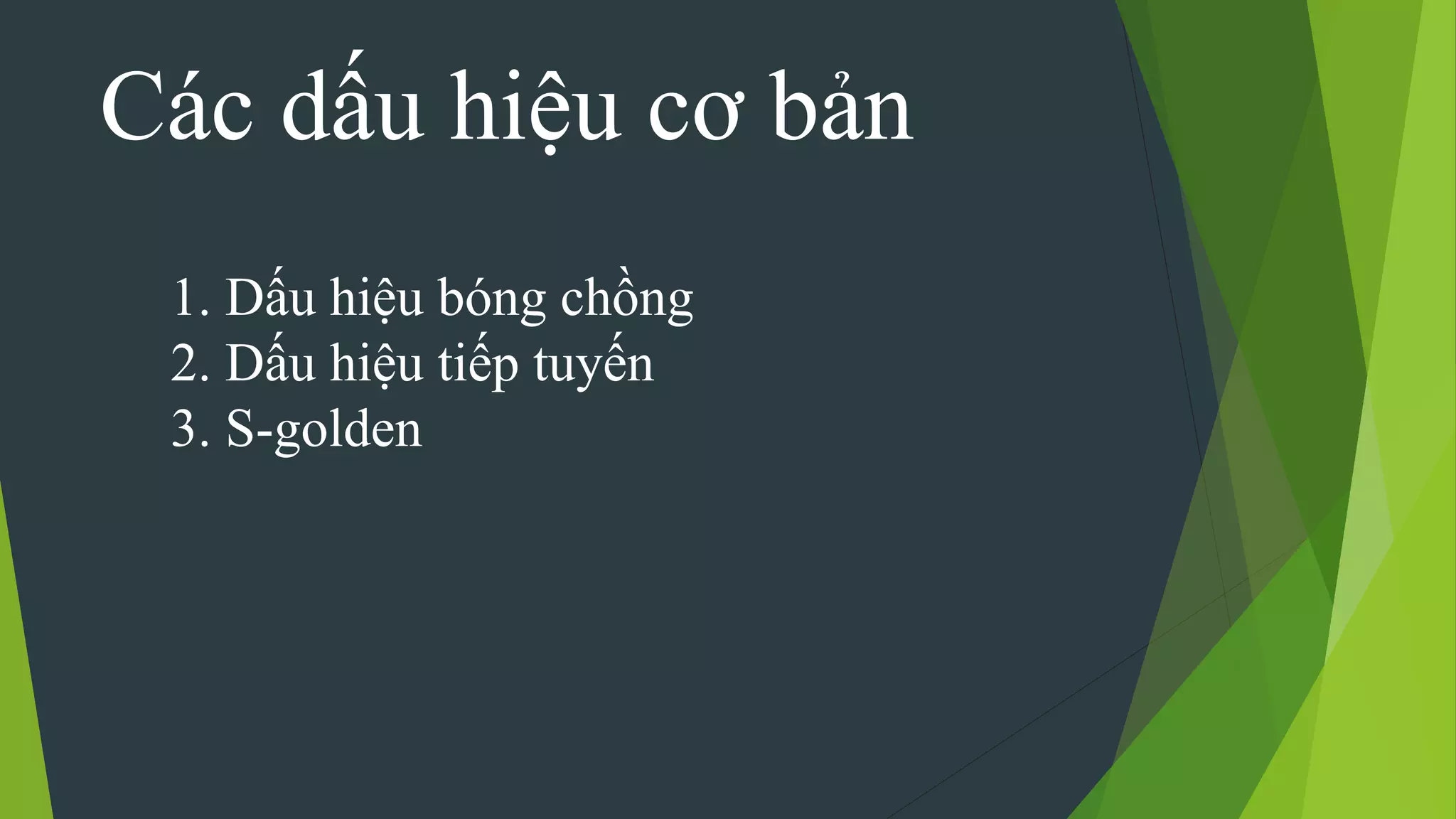 Các dấu hiệu cơ bản
1. Dấu hiệu bóng chồng
2. Dấu hiệu tiếp tuyến
3. S-golden
 