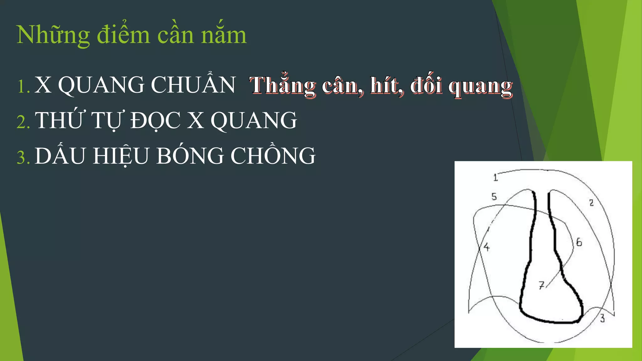 Những điểm cần nắm
1. X QUANG CHUẨN
2. THỨ TỰ ĐỌC X QUANG
3. DẤU HIỆU BÓNG CHỒNG
 