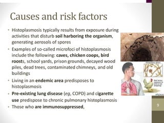 Causes and risk factors
Histoplasmosis typically results from exposure during
activities that disturb soil harboring the organism,
generating aerosols of spores
Examples of so-called microfoci of histoplasmosis
include the following: caves, chicken coops, bird
roosts, school yards, prison grounds, decayed wood
piles, dead trees, contaminated chimneys, and old
buildings
Living in an endemic area predisposes to
histoplasmosis
Pre-existing lung disease (eg, COPD) and cigarette
use predispose to chronic pulmonary histoplasmosis
Those who are immunosuppressed,
•
•
•
•
9
•
 