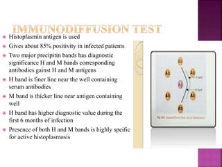  Histoplasmin antigen is used
 Gives about 85% positivity in infected patients
 Two major precipitin bands has diagnostic
significance H and M bands corresponding
antibodies gainst H and M antigens
 H band is finer line near the well containing
serum antibodies
 M band is thicker line near antigen containing
well
 H band has higher diagnostic value during the
first 6 months of infection
 Presence of both H and M bands is highly speific
for active histoplasmosis
 