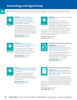 ORDER TODAY: Toll Free (US): 877.447.1888 | +1.610.688.0100 | www.clsi.org | customerservice@clsi.org28
Immunology and Ligand Assay
I/LA20 | Analytical Performance
Characteristics and Clinical Utility of
Immunological Assays for Human
Immunoglobulin E (IgE) Antibodies and
Defined Allergen Specificities
This guideline provides information
for the design, analytical performance,
standardization, quality assurance, and
clinical application of laboratory assays
used in the measurement of human IgE
antibodies of defined allergen specificity.
Item Order Code: I/LA20-A2
Nonmember Price: $140
I/LA28 | Quality Assurance for
Design Control and Implementation of
Immunohistochemistry Assays
This guideline provides information
for the development of validated
diagnostic, prognostic, and predictive
immunohistochemical assays.
Item Order Code: I/LA28-A2
Nonmember Price: $140
I/LA33 | Validation of Automated Systems
for Immunohematological Testing Before
Implementation
This guideline provides information
to the end user and laboratory for
validation of automated systems used
in immunohematological testing before
implementation.
Item Order Code: I/LA33-A
Nonmember Price: $140
FDA | JC
CAP | FDA | JC
JC
I/LA26 | Performance of Single Cell Immune
Response Assays
This guideline contains methods of
intracellular cytokine evaluation, major
histocompatibility complex multimer
quantitation, enzyme-linked immunospot
technology, and carboxyfluorescein
succinimidyl ester tracking dye staining for
the assessment of cellular proliferation. It also provides
basic aspects of specimen collection, transport, and
preparation; results interpretation; and quality assurance
and test validation approaches.
Item Order Code: I/LA26-A2
Nonmember Price: $140
JC
NOVEMBER 2013MARCH 2009
JANUARY 2011
DECEMBER 2009
Related Companion Product (Toolkit)
I/LA33 TK | Validation of Automated
Systems for Immunohematological Testing
Before Implementation—Sample Templates
and Test Cases Toolkit
Provides 24 customizable templates from
the appendixes of I/LA33. Each simplified
template, test case, checklist, worksheet, and
schedule can be used by the laboratory for development
of test cases related to different aspects of installation
qualification, operational qualification, and performance
qualification.
Item Order Code: I/LA33-A TK
Nonmember Price: $100
Related Companion Product (Bench Aid)
I/LA28 QG | Comparison of the
Characteristics of Immunoassays Such as
Enzyme-Linked Immunosorbent Assay and
Immunohistochemistry Quick Guide
Shows a comparison of the characteristics
of immunoassays. Formatted as four
durable, waterproof sheets on a convenient
detachable ring for quick reference.
Item Order Code: I/LA28-A2 QG
Nonmember Price: $40
DECEMBER 2009
SEPTEMBER 2014
Members save up to 70% on CLSI products! See page 17 for discount pricing structure.
 