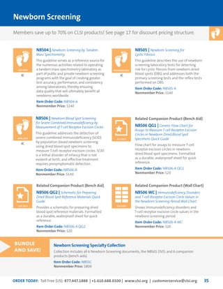 ORDER TODAY: Toll Free (US): 877.447.1888 | +1.610.688.0100 | www.clsi.org | customerservice@clsi.org 35
Newborn Screening
NBS04 | Newborn Screening by Tandem
Mass Spectrometry
This guideline serves as a reference source for
the numerous activities related to operating
a tandem mass spectrometry laboratory as
part of public and private newborn screening
programs with the goal of creating greater
test accuracy, performance, and consistency
among laboratories, thereby ensuring
data quality that will ultimately benefit all
newborns worldwide.
Item Order Code: NBS04-A
Nonmember Price: $140
NBS06 | Newborn Blood Spot Screening
for Severe Combined Immunodeficiency by
Measurement of T-cell Receptor Excision Circles
This guideline addresses the detection of
severe combined immunodeficiency (SCID)
by population-based newborn screening
using dried blood spot specimens to
measure T-cell receptor excision circles. SCID
is a lethal disorder of infancy that is not
evident at birth, and effective treatment
requires presymptomatic detection.
Item Order Code: NBS06-A
Nonmember Price: $140
Newborn Screening Specialty Collection
Collection includes all 6 Newborn Screening documents, the NBS01 DVD, and 6 companion
products (bench aids).
Item Order Code: NBSSC
Nonmember Price: $800
JC
JC
JULY 2010
APRIL 2013
NBS05 | Newborn Screening for
Cystic Fibrosis
This guideline describes the use of newborn
screening laboratory tests for detecting
risk for cystic fibrosis from newborn dried
blood spots (DBS) and addresses both the
primary screening tests and the reflex tests
performed on DBS.
Item Order Code: NBS05-A
Nonmember Price: $140
JC
NOVEMBER 2011
Related Companion Product (Bench Aid)
NBS06 QG1 | Generic Flow Chart for
Assays to Measure T-cell Receptor Excision
Circles in Newborn Dried Blood Spot
Specimens Quick Guide
Flow chart for assays to measure T-cell
receptor excision circles in newborn
dried blood spot specimens. Formatted
as a durable, waterproof sheet for quick
reference.
Item Order Code: NBS06-A QG1
Nonmember Price: $20
Related Companion Product (Bench Aid)
NBS06 QG2 | Schematic for Preparing
Dried Blood Spot Reference Materials Quick
Guide
Provides a schematic for preparing dried
blood spot reference materials. Formatted
as a durable, waterproof sheet for quick
reference.
Item Order Code: NBS06-A QG2
Nonmember Price: $20
Related Companion Product (Wall Chart)
NBS06 WC | Immunodeficiency Disorders
and T-cell Receptor Excision Circle Values in
the Newborn Screening Period Wall Chart
Shows immunodeficiency disorders and
T-cell receptor excision circle values in the
newborn screening period.
Item Order Code: NBS06-A WC
Nonmember Price: $20
JULY 2013
JULY 2013 JULY 2013
bundle
and save!
Members save up to 70% on CLSI products! See page 17 for discount pricing structure.
 