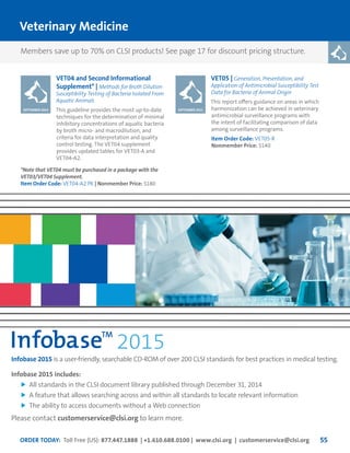 ORDER TODAY: Toll Free (US): 877.447.1888 | +1.610.688.0100 | www.clsi.org | customerservice@clsi.org 55
Veterinary Medicine
VET04 and Second Informational
Supplement* | Methods for Broth Dilution
Susceptibility Testing of Bacteria Isolated From
Aquatic Animals
This guideline provides the most up-to-date
techniques for the determination of minimal
inhibitory concentrations of aquatic bacteria
by broth micro- and macrodilution, and
criteria for data interpretation and quality
control testing. The VET04 supplement
provides updated tables for VET03-A and
VET04-A2.
VET05 | Generation, Presentation, and
Application of Antimicrobial Susceptibility Test
Data for Bacteria of Animal Origin
This report offers guidance on areas in which
harmonization can be achieved in veterinary
antimicrobial surveillance programs with
the intent of facilitating comparison of data
among surveillance programs.
Item Order Code: VET05-R
Nonmember Price: $140
SEPTEMBER 2014 SEPTEMBER 2011
*Note that VET04 must be purchased in a package with the
VET03/VET04 Supplement.
Item Order Code: VET04-A2 PK | Nonmember Price: $180
Infobase 2015 is a user-friendly, searchable CD-ROM of over 200 CLSI standards for best practices in medical testing.
Infobase 2015 includes:
	 All standards in the CLSI document library published through December 31, 2014
	 A feature that allows searching across and within all standards to locate relevant information
	 The ability to access documents without a Web connection
Please contact customerservice@clsi.org to learn more.
Members save up to 70% on CLSI products! See page 17 for discount pricing structure.
 