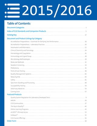 2015/2016
Table of Contents
Document Categories. . . . . . . . . . . . . . . . . . . . . . . . . . . . . . . . . . . . . . . . . . . . . . . . . . . . . . . . . . . . . . . . . . . . . . . . . . . . . . . . . . . . . . . . . . . . . . . 3
Index of CLSI Standards and Companion Products. . . . . . . . . . . . . . . . . . . . . . . . . . . . . . . . . . . . . . . . . . . . . . . . . . . . . . . . . . . . . 5
Catalog Key. . . . . . . . . . . . . . . . . . . . . . . . . . . . . . . . . . . . . . . . . . . . . . . . . . . . . . . . . . . . . . . . . . . . . . . . . . . . . . . . . . . . . . . . . . . . . . . . . . . . . . . . . . 17
Document and Product Listings by Category
	 Accreditation Preparedness – Essentials for Verifying Test Performance. . . . . . . . . . . . . . . . . . . . . . . . . . . . . . . . . . . . . . . . . 18
	 Accreditation Preparedness – Laboratory Practices. . . . . . . . . . . . . . . . . . . . . . . . . . . . . . . . . . . . . . . . . . . . . . . . . . . . . . . . . . . . . . 20
	 Automation and Informatics. . . . . . . . . . . . . . . . . . . . . . . . . . . . . . . . . . . . . . . . . . . . . . . . . . . . . . . . . . . . . . . . . . . . . . . . . . . . . . . . . . . . . 22
	 Clinical Chemistry and Toxicology. . . . . . . . . . . . . . . . . . . . . . . . . . . . . . . . . . . . . . . . . . . . . . . . . . . . . . . . . . . . . . . . . . . . . . . . . . . . . . . . 24
	 Hematology and Coagulation. . . . . . . . . . . . . . . . . . . . . . . . . . . . . . . . . . . . . . . . . . . . . . . . . . . . . . . . . . . . . . . . . . . . . . . . . . . . . . . . . . . . 26
	 Immunology and Ligand Assay. . . . . . . . . . . . . . . . . . . . . . . . . . . . . . . . . . . . . . . . . . . . . . . . . . . . . . . . . . . . . . . . . . . . . . . . . . . . . . . . . . . 28
	 Microbiology Methodologies. . . . . . . . . . . . . . . . . . . . . . . . . . . . . . . . . . . . . . . . . . . . . . . . . . . . . . . . . . . . . . . . . . . . . . . . . . . . . . . . . . . . . 29
	 Molecular Methods. . . . . . . . . . . . . . . . . . . . . . . . . . . . . . . . . . . . . . . . . . . . . . . . . . . . . . . . . . . . . . . . . . . . . . . . . . . . . . . . . . . . . . . . . . . . . . 32
	 Newborn Screening. . . . . . . . . . . . . . . . . . . . . . . . . . . . . . . . . . . . . . . . . . . . . . . . . . . . . . . . . . . . . . . . . . . . . . . . . . . . . . . . . . . . . . . . . . . . . . 34
	Phlebotomy. . . . . . . . . . . . . . . . . . . . . . . . . . . . . . . . . . . . . . . . . . . . . . . . . . . . . . . . . . . . . . . . . . . . . . . . . . . . . . . . . . . . . . . . . . . . . . . . . . . . . . 36
	 Point-of-Care Testing. . . . . . . . . . . . . . . . . . . . . . . . . . . . . . . . . . . . . . . . . . . . . . . . . . . . . . . . . . . . . . . . . . . . . . . . . . . . . . . . . . . . . . . . . . . . . 38
	 Quality Management Systems. . . . . . . . . . . . . . . . . . . . . . . . . . . . . . . . . . . . . . . . . . . . . . . . . . . . . . . . . . . . . . . . . . . . . . . . . . . . . . . . . . . 40
	 Reducing Risk.. . . . . . . . . . . . . . . . . . . . . . . . . . . . . . . . . . . . . . . . . . . . . . . . . . . . . . . . . . . . . . . . . . . . . . . . . . . . . . . . . . . . . . . . . . . . . . . . . . . . 44
	Safety. . . . . . . . . . . . . . . . . . . . . . . . . . . . . . . . . . . . . . . . . . . . . . . . . . . . . . . . . . . . . . . . . . . . . . . . . . . . . . . . . . . . . . . . . . . . . . . . . . . . . . . . . . . . 46
	 Specimen Handling and Processing. . . . . . . . . . . . . . . . . . . . . . . . . . . . . . . . . . . . . . . . . . . . . . . . . . . . . . . . . . . . . . . . . . . . . . . . . . . . . . 48
	 Susceptibility Testing. . . . . . . . . . . . . . . . . . . . . . . . . . . . . . . . . . . . . . . . . . . . . . . . . . . . . . . . . . . . . . . . . . . . . . . . . . . . . . . . . . . . . . . . . . . . 50
	 Veterinary Medicine.. . . . . . . . . . . . . . . . . . . . . . . . . . . . . . . . . . . . . . . . . . . . . . . . . . . . . . . . . . . . . . . . . . . . . . . . . . . . . . . . . . . . . . . . . . . . . 54
	 Coming Soon.. . . . . . . . . . . . . . . . . . . . . . . . . . . . . . . . . . . . . . . . . . . . . . . . . . . . . . . . . . . . . . . . . . . . . . . . . . . . . . . . . . . . . . . . . . . . . . . . . . . . 57
Featured Products
	 Quality System Regulation for Laboratory-Developed Tests. . . . . . . . . . . . . . . . . . . . . . . . . . . . . . . . . . . . . . . . . . . . . . . . . . . . . . . 4
	 eM100.. . . . . . . . . . . . . . . . . . . . . . . . . . . . . . . . . . . . . . . . . . . . . . . . . . . . . . . . . . . . . . . . . . . . . . . . . . . . . . . . . . . . . . . . . . . . . . . . . . . . . . . . . . . 29
	 CLSI Communities.. . . . . . . . . . . . . . . . . . . . . . . . . . . . . . . . . . . . . . . . . . . . . . . . . . . . . . . . . . . . . . . . . . . . . . . . . . . . . . . . . . . . . . . . . . . . . . . 37
	 The Key to Quality™. . . . . . . . . . . . . . . . . . . . . . . . . . . . . . . . . . . . . . . . . . . . . . . . . . . . . . . . . . . . . . . . . . . . . . . . . . . . . . . . . . . . . . . . . . . . . . 40
	 Online Learning Programs.. . . . . . . . . . . . . . . . . . . . . . . . . . . . . . . . . . . . . . . . . . . . . . . . . . . . . . . . . . . . . . . . . . . . . . . . . . . . . . . . . . . . . . . 43
	 eCLIPSE™ Ultimate Access. . . . . . . . . . . . . . . . . . . . . . . . . . . . . . . . . . . . . . . . . . . . . . . . . . . . . . . . . . . . . . . . . . . . . . . . . . . . . . . . . . . . . . . . 53
	Infobase™. . . . . . . . . . . . . . . . . . . . . . . . . . . . . . . . . . . . . . . . . . . . . . . . . . . . . . . . . . . . . . . . . . . . . . . . . . . . . . . . . . . . . . . . . . . . . . . . . . . . . . . . 55
	 CLSI Course Offerings. . . . . . . . . . . . . . . . . . . . . . . . . . . . . . . . . . . . . . . . . . . . . . . . . . . . . . . . . . . . . . . . . . . . . . . . . . . . . . . . . . . . . . . . . . . . 56
Order Form. . . . . . . . . . . . . . . . . . . . . . . . . . . . . . . . . . . . . . . . . . . . . . . . . . . . . . . . . . . . . . . . . . . . . . . . . . . . . . . . . . . . . . . . . . . . . . . . . . . . . . . . . . 58
 