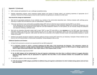M100,
30th
ed.
For
Use
With
M02
and
M07
251
©
Clinical
and
Laboratory
Standards
Institute.
All
rights
reserved.
Appendix F. (Continued)
 SDD is already well established for use in antifungal susceptibility testing.
 Antibiotic stewardship programs, which emphasize dosage regimen and duration of therapy options, are increasing awareness of appropriate use of
antibiotics. Personnel from these programs should be able to describe the significance to clinicians of an SDD result.
How should this change be implemented?
 Meet with the appropriate practitioners at your institution (eg, members of the antimicrobial stewardship team, infectious diseases staff, pathology group,
pharmacy) to explain SDD and determine a plan for implementation, if appropriate.
 Talk to the manufacturer of your antimicrobial susceptibility testing (AST) device to determine how to implement reporting SDD on your device.
– NOTE: Because the US Food and Drug Administration (FDA) does not yet recognize the SDD interpretive category and commercial manufacturers must
use FDA breakpoints, the manufacturer cannot adopt the CLSI SDD breakpoints. However, for most systems, you can manually change the breakpoints
and implement, following a verification study.
 Work with your laboratory information system staff to report "SDD" or dose ("D") when MICs or zone diameters are in the SDD range. Some laboratory
information systems may handle only a single character and use of "D" for "dose" may be appropriate. Ideally, this could be translated to SDD on the final
patient report. Regardless of approach, make certain that SDD will be transmitted to the hospital information system and appropriately displayed on reports
viewed by clinicians.
 Distribute user-specific educational materials to laboratory staff and clinicians receiving AST results from your laboratory. Examples of these materials can be
found on the CLSI Subcommittee on Antimicrobial Susceptibility Testing webpage at www.clsi.org.
Additional Questions and Answers:
1. Q: Does CLSI recommend a comment to be reported with the new SDD breakpoints?
A: If a laboratory chooses to report a comment explaining the SDD range, CLSI recommends the following: “The interpretive criterion for
susceptible is based on a dosage regimen of [dose] (refer to Appendix E). The interpretive criterion for SDD is based on dosage regimens that
result in higher antimicrobial exposure, either higher doses or more frequent doses, or both.”
2. Q: Will all intermediate ranges become SDD?
A: No, the SDD category will be implemented for drug and organism combinations only when there is sufficient evidence to suggest alternative
approved dosage regimens may be appropriate for organisms that have MICs or zone diameters between the susceptible and resistant
categories.
3. Q: Will SDD be applied to other antimicrobial agents?
A: CLSI will examine the SDD category possibility for additional drug and organism combinations for which multiple dosing options exist and have
been well studied.
Appendix F
Susceptible-Dose Dependent
Interpretive Category
CLSI
eCLIPSE
-
Dewanand
Mahto
-
BD
-
01/29/2020.
Unauthorized
duplication
or
network
sharing
is
not
allowed.
 