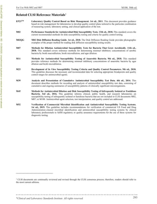 For Use With M02 and M07 M100, 30th ed.
293
©
Clinical and Laboratory Standards Institute. All rights reserved.
Related CLSI Reference Materials
EP23TM
Laboratory Quality Control Based on Risk Management. 1st ed., 2011. This document provides guidance
based on risk management for laboratories to develop quality control plans tailored to the particular combination
of measuring system, laboratory setting, and clinical application of the test.
M02 Performance Standards for Antimicrobial Disk Susceptibility Tests. 13th ed., 2018. This standard covers the
current recommended methods for disk susceptibility testing and criteria for quality control testing.
M02QG M02 Disk Diffusion Reading Guide. 1st ed., 2018. The Disk Diffusion Reading Guide provides photographic
examples of the proper method for reading disk diffusion susceptibility testing results.
M07 Methods for Dilution Antimicrobial Susceptibility Tests for Bacteria That Grow Aerobically. 11th ed.,
2018. This standard covers reference methods for determining minimal inhibitory concentrations of aerobic
bacteria by broth macrodilution, broth microdilution, and agar dilution.
M11 Methods for Antimicrobial Susceptibility Testing of Anaerobic Bacteria. 9th ed., 2018. This standard
provides reference methods for determining minimal inhibitory concentrations of anaerobic bacteria by agar
dilution and broth microdilution.
M23 Development of In Vitro Susceptibility Testing Criteria and Quality Control Parameters. 5th ed., 2018.
This guideline discusses the necessary and recommended data for selecting appropriate breakpoints and quality
control ranges for antimicrobial agents.
M39 Analysis and Presentation of Cumulative Antimicrobial Susceptibility Test Data. 4th ed., 2014. This
document describes methods for recording and analysis of antimicrobial susceptibility test data, consisting of
cumulative and ongoing summaries of susceptibility patterns of clinically significant microorganisms.
M45 Methods for Antimicrobial Dilution and Disk Susceptibility Testing of Infrequently Isolated or Fastidious
Bacteria. 3rd ed., 2016. This guideline informs clinical, public health, and research laboratories on
susceptibility testing of infrequently isolated or fastidious bacteria that are not included in CLSI documents M02,
M07, or M100. Antimicrobial agent selection, test interpretation, and quality control are addressed.
M52 Verification of Commercial Microbial Identification and Antimicrobial Susceptibility Testing Systems.
1st ed., 2015. This guideline includes recommendations for verification of commercial US Food and Drug
Administration–cleared microbial identification and antimicrobial susceptibility testing systems by clinical
laboratory professionals to fulfill regulatory or quality assurance requirements for the use of these systems for
diagnostic testing.

CLSI documents are continually reviewed and revised through the CLSI consensus process; therefore, readers should refer to
the most current editions.
CLSI
eCLIPSE
-
Dewanand
Mahto
-
BD
-
01/29/2020.
Unauthorized
duplication
or
network
sharing
is
not
allowed.
 