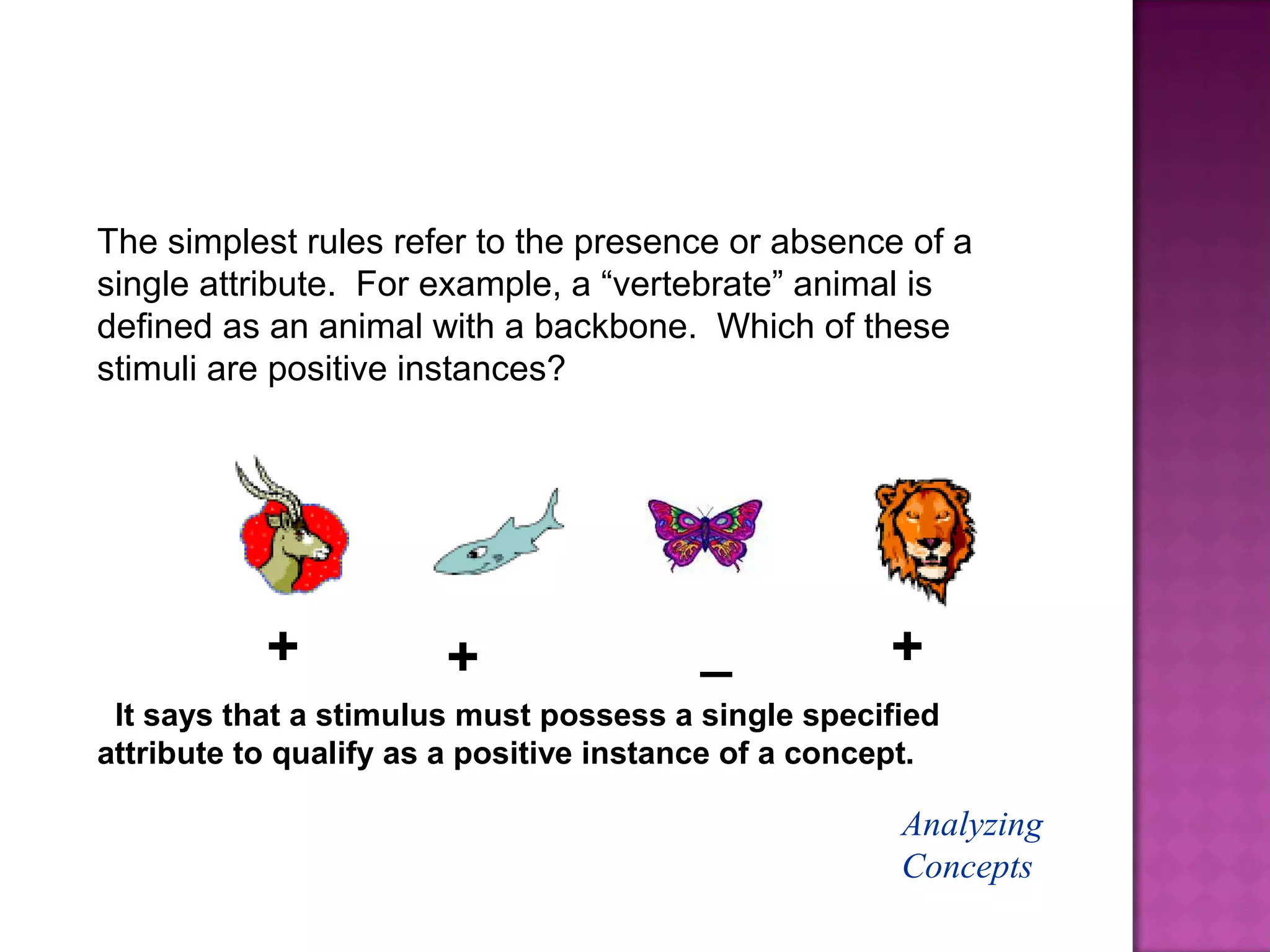 Analyzing
Concepts
The simplest rules refer to the presence or absence of a
single attribute. For example, a “vertebrate” animal is
defined as an animal with a backbone. Which of these
stimuli are positive instances?
+ + +_
It says that a stimulus must possess a single specified
attribute to qualify as a positive instance of a concept.
 
