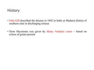 History
• John Gill described the disease in 1842 in India at Madurai district of
southern state in discharging sinuses
• Term Mycetoma was given by Henry Vandyke carter – based on
colour of grains present
 