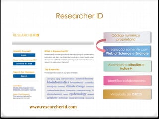 Researcher ID
www.researcherid.com
Vinculado ao ORCID
Integração somente com
Web of Science e Endnote
Acompanha citações e
índice H
Código numérico
proprietário
Identifica colaboradores
 