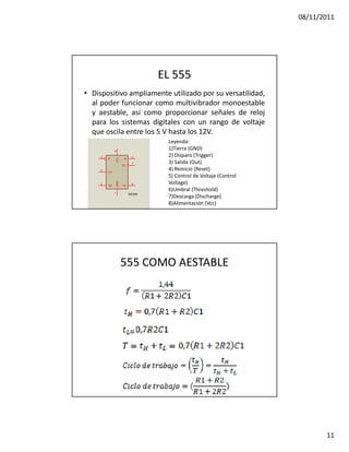 08/11/2011




                                 EL 555
• Dispositivo ampliamente utilizado por su versatilidad,
  al poder funcionar como multivibrador monoestable
  y aestable, así como proporcionar señales de reloj
  para los sistemas digitales con un rango de voltaje
  que oscila entre los 5 V hasta los 12V.
                                  Leyenda:
                                  1)Tierra (GND)
              8




     4                    3       2) Disparo (Trigger)
              VCC




         R          Q

                    DC
                          7       3) Salida (Out)
     5
         CV
                                  4) Reinicio (Reset)
                                  5) Control de Voltaje (Control
                                  Voltage)
              GND




     2                    6
         TR         TH
                                  6)Umbral (Threshold)
              1




                                  7)Descarga (Discharge)
                         NE555


                                  8)Alimentación (Vcc)




                    555 COMO AESTABLE




                                                                          11
 