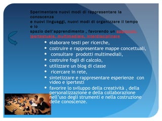 elaborare testi per ricerche,  costruire e rappresentare mappe concettuali, consultare  prodotti multimediali,  costruire fogli di calcolo,  utilizzare un blog di classe ricercare in rete,  sintetizzare e rappresentare esperienze  con video e ipertesti favorire lo sviluppo della creatività , della personalizzazione e della collaborazione  nell’uso degli strumenti e nella costruzione delle conoscenze. Sperimentare nuovi modi di rappresentare la conoscenza e nuovi linguaggi, nuovi modi di organizzare il tempo e lo  spazio dell’apprendimento , favorendo un  approccio  ipertestuale, multimediale, interdisciplinare 