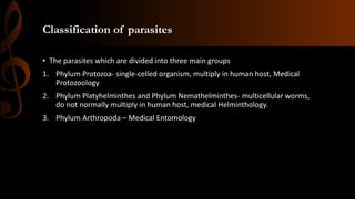 Classification of parasites
• The parasites which are divided into three main groups
1. Phylum Protozoa- single-celled organism, multiply in human host, Medical
Protozoology
2. Phylum Platyhelminthes and Phylum Nemathelminthes- multicellular worms,
do not normally multiply in human host, medical Helminthology.
3. Phylum Arthropoda – Medical Entomology
 
