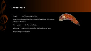 Trematode
Shape---------Leaf like;unsegmented
Sexes---------Not separate(monoecious),Except Schistosomes
which are diecious
Head space--------Suckers, no hooks
Alimentary canal--------Present but incomplete; no anus
Body cavity--------Absent
 