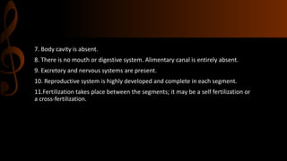 7. Body cavity is absent.
8. There is no mouth or digestive system. Alimentary canal is entirely absent.
9. Excretory and nervous systems are present.
10. Reproductive system is highly developed and complete in each segment.
11.Fertilization takes place between the segments; it may be a self fertilization or
a cross-fertilization.
 