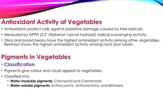 Antioxidant Activity of Vegetables
• Antioxidants protect cells against oxidative damage caused by free radicals.
• Measured by DPPH (2,2’-Diphenyl-1-picryl hydrazyl) radical scavenging activity.
• Okra and broad beans have the highest antioxidant activity among other vegetables.
Beetroot shows the highest antioxidant activity among roots and tubers.
Pigments in Vegetables
• Classification
• Pigments give colour and visual appeal to vegetables.
• Classified into:
• Water-insoluble pigments: Chlorophyll and Carotenoids
• Water-soluble pigments: Anthocyanins, Anthoxanthins, and Betalains
 