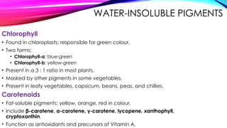WATER-INSOLUBLE PIGMENTS
Chlorophyll
• Found in chloroplasts; responsible for green colour.
• Two forms:
• Chlorophyll-a: blue-green
• Chlorophyll-b: yellow-green
• Present in a 3 : 1 ratio in most plants.
• Masked by other pigments in some vegetables.
• Present in leafy vegetables, capsicum, beans, peas, and chillies.
Carotenoids
• Fat-soluble pigments: yellow, orange, red in colour.
• Include β-carotene, α-carotene, γ-carotene, lycopene, xanthophyll,
cryptoxanthin.
• Function as antioxidants and precursors of Vitamin A.
 