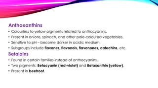 Anthoxanthins
• Colourless to yellow pigments related to anthocyanins.
• Present in onions, spinach, and other pale-coloured vegetables.
• Sensitive to pH – become darker in acidic medium.
• Subgroups include flavones, flavonols, flavanones, catechins, etc.
Betalains
• Found in certain families instead of anthocyanins.
• Two pigments: Betacyanin (red-violet) and Betaxanthin (yellow).
• Present in beetroot.
 