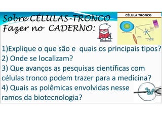 1)Explique o que são e quais os principais tipos?
2) Onde se localizam?
3) Que avanços as pesquisas científicas com
células tronco podem trazer para a medicina?
4) Quais as polêmicas envolvidas nesse
ramos da biotecnologia?
Sobre CÉLULAS-TRONCO
Fazer no CADERNO:
 