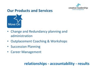 Our Products  and Services <ul><li>Change and Redundancy planning and administration </li></ul><ul><li>Outplacement Coachi...