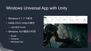 Windows Universal App with Unity
• Windowsストアで販売
• XAMLのUIとUnityの融合
• UIは既存のUIを
• Windows 10の機能の利用
• Excel
• Cortana
• Windows Ink
 