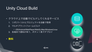 Unity Cloud Build
• クラウド上で自動でビルドしてくれるサービス
1. リポジトリからプロジェクトを自動で取得
2. マルチプラットフォームビルド
• iOS/Android/WebPlayer/WebGL/Mac/Windows/Linux
3. 各端末で通知が来て、ボタン１発でデプロイ
• 無料
 