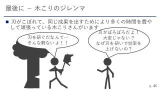 
刃がぼろぼろだよ！
大変じゃない？
なぜ刃を研いで効率を
上げないの？
刃を研ぐだなんて…
そんな暇ないよ！！
 