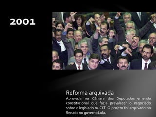 2001
Reforma arquivada
Aprovada na Câmara dos Deputados emenda
constitucional que fazia prevalecer o negociado
sobre o legislado na CLT. O projeto foi arquivado no
Senado no governo Lula.
 