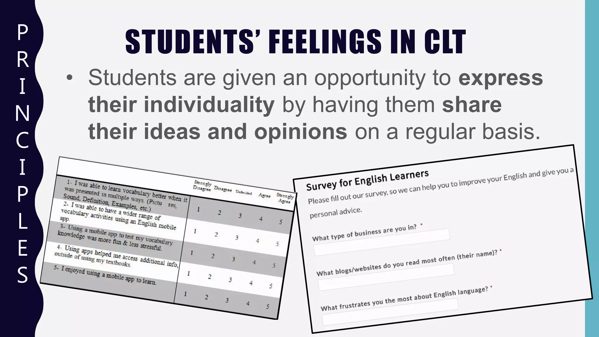 STUDENTS’ FEELINGS IN CLTP
R
I
N
C
I
P
L
E
S
• Students are given an opportunity to express
their individuality by having them share
their ideas and opinions on a regular basis.
 