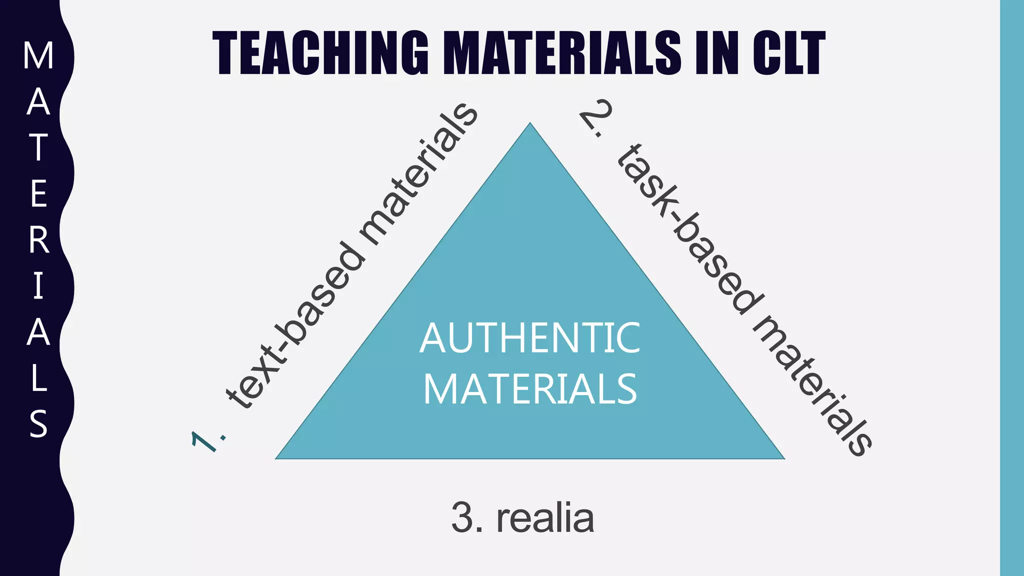 TEACHING MATERIALS IN CLTM
A
T
E
R
I
A
L
S
AUTHENTIC
MATERIALS
3. realia
 