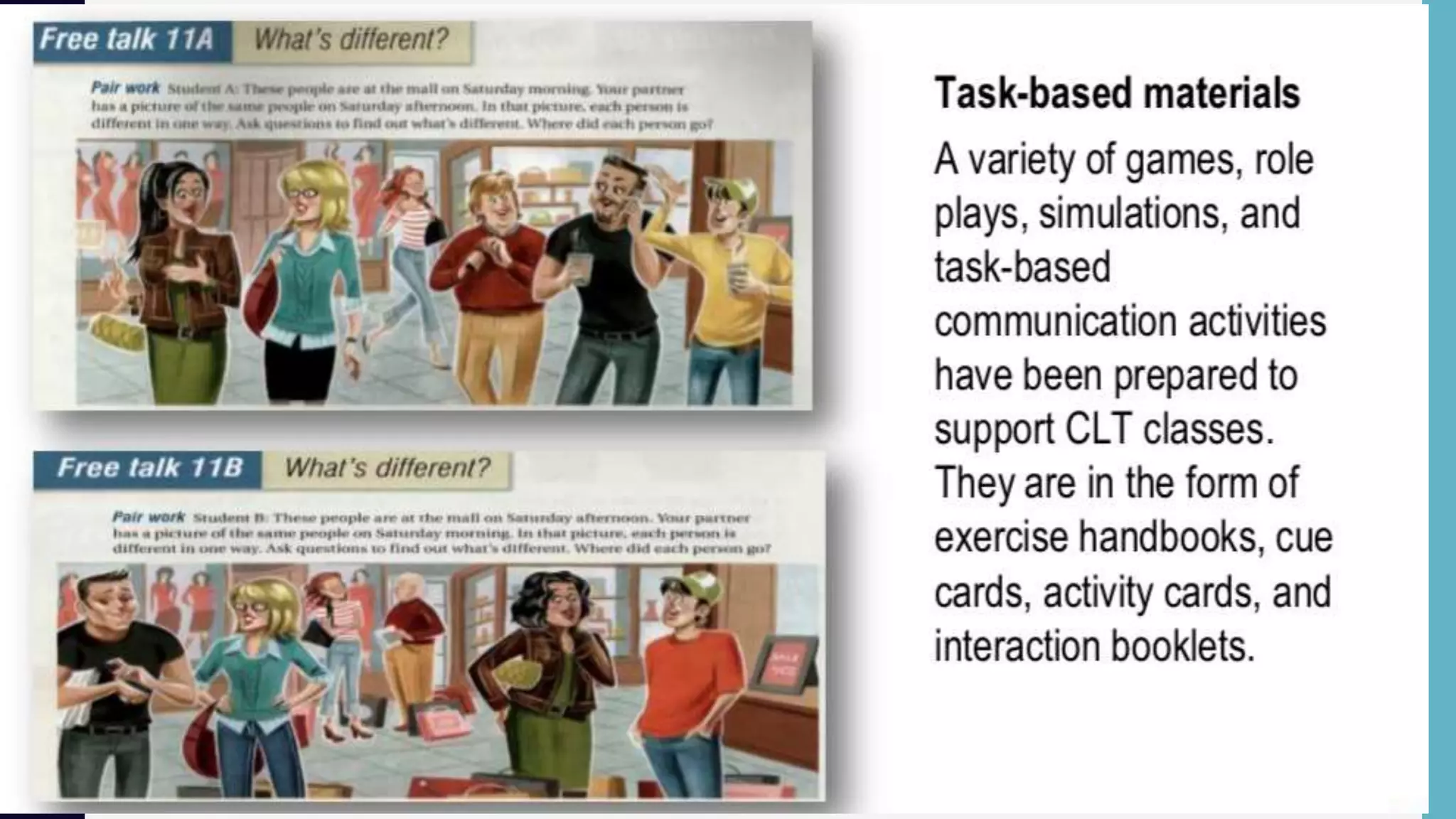 TASK-BASED MATERIALS
• These include game boards, roleplay cards,
materials for drilling, pairwork tasks, etc.
• They might be used to support 'real life'
tasks such as role playing booking into a
hotel, or a job interview.
M
A
T
E
R
I
A
L
S
 