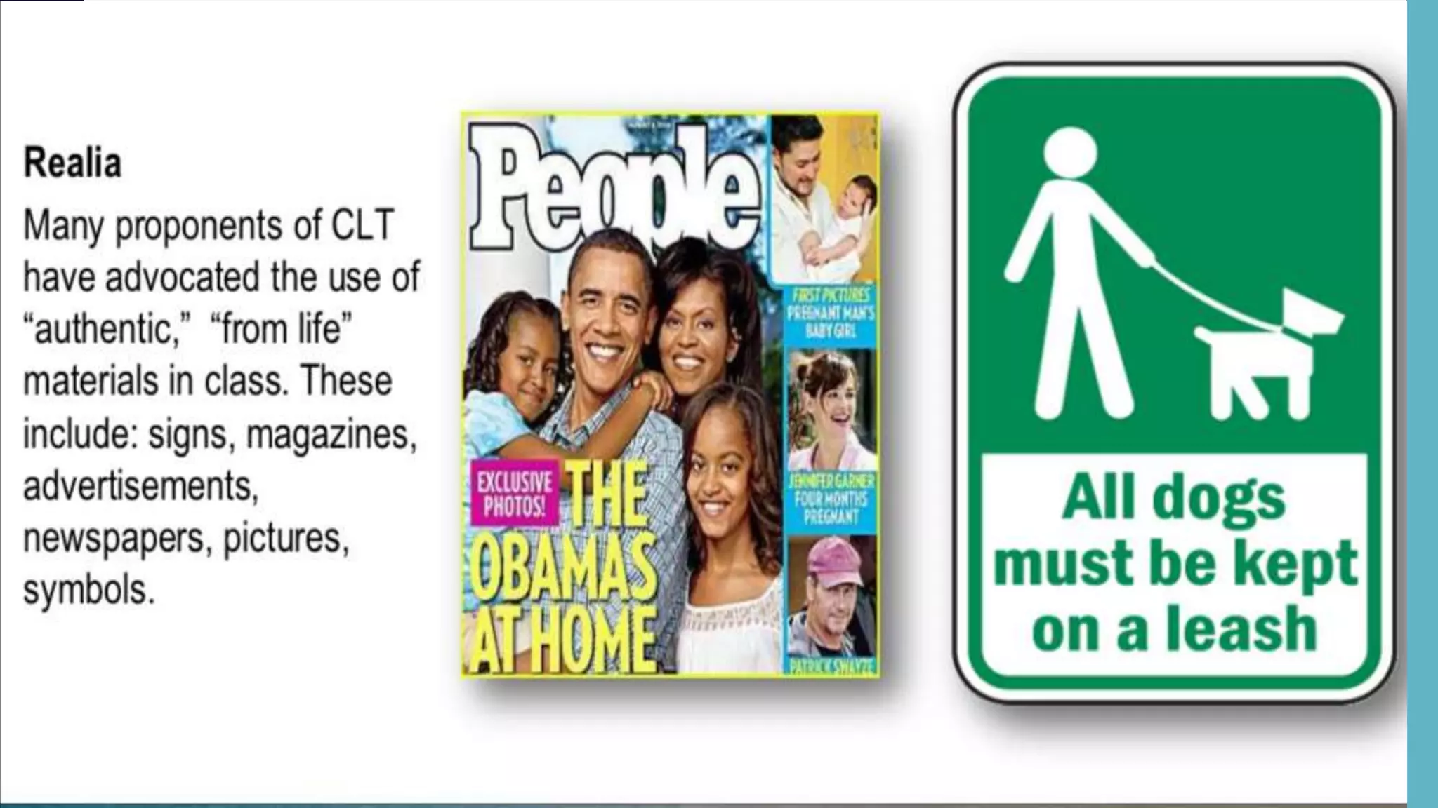 REALIA
• Magazines, newspapers, fruit and vegetables,
real objects, maps - things from the real world
outside the classroom.
• They can be used in many activities.
• For example, fruit and vegetables could be
used in a shopping activity
M
A
T
E
R
I
A
L
S
REALIA
• Magazines, newspapers, fruit and vegetables,
real objects, maps - things from the real world
outside the classroom.
• They can be used in many activities.
• For example, fruit and vegetables could be
used in a shopping activity
M
A
T
E
R
I
A
L
S
 