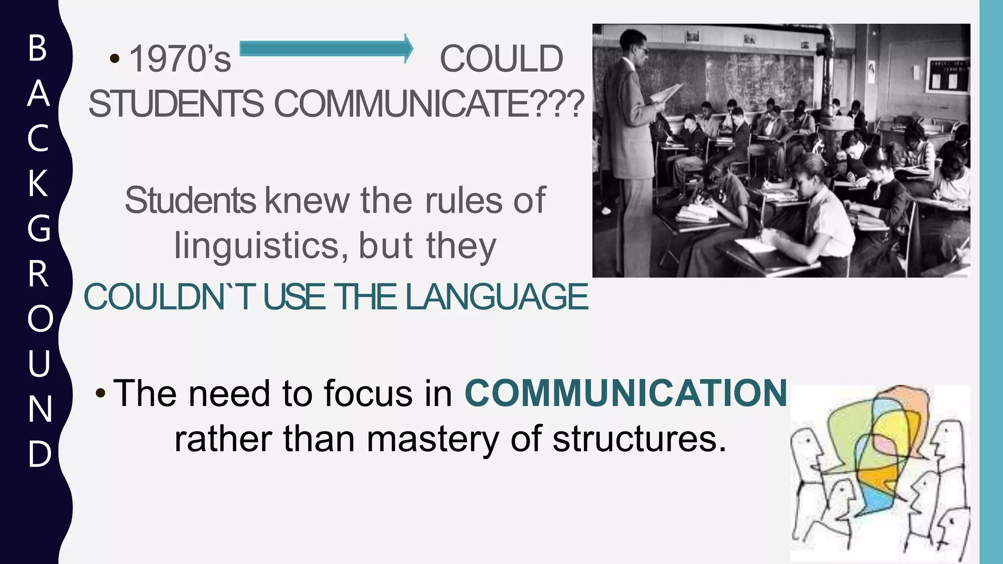 • 1970’s COULD
STUDENTS COMMUNICATE???
Students knew the rules of
linguistics, but they
COULDN`TUSE THE LANGUAGE
• The need to focus in COMMUNICATION
rather than mastery of structures.
B
A
C
K
G
R
O
U
N
D
 