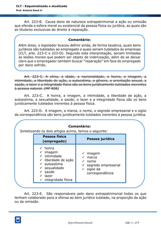 @professordaud 106 de 177
CLT - Esquematizada e atualizada
Prof. Antonio Daud Jr
Art. 223-B. Causa dano de natureza extrapatrimonial a ação ou omissão
que ofenda a esfera moral ou existencial da pessoa física ou jurídica, as quais são
as titulares exclusivas do direito à reparação.
Art. 223-C. A etnia, a idade, a nacionalidade, a honra, a imagem, a
intimidade, a liberdade de ação, a autoestima, o gênero, a orientação sexual, a
saúde, o lazer e a integridade física são os bens juridicamente tutelados inerentes
à pessoa natural. (MP 808)
Art. 223-C. A honra, a imagem, a intimidade, a liberdade de ação, a
autoestima, a sexualidade, a saúde, o lazer e a integridade física são os bens
juridicamente tutelados inerentes à pessoa física.
Art. 223-D. A imagem, a marca, o nome, o segredo empresarial e o sigilo
da correspondência são bens juridicamente tutelados inerentes à pessoa jurídica.
Art. 223-E. São responsáveis pelo dano extrapatrimonial todos os que
tenham colaborado para a ofensa ao bem jurídico tutelado, na proporção da ação
ou da omissão.
Comentário:
Além disso, o legislador buscou definir ainda, de forma taxativa, quais bens
jurídicos são tutelados ao empregado e quais seriam tutelados às empresas
(CLT, arts. 223-C e 223-D). Segundo esta interpretação, seriam limitadas
as lesões morais que podem ser objeto de indenização, além de se deixar
claro que o empregador também buscar “reparação” em face do empregado
por dano sofrido.
Comentário:
Sintetizando os dois artigos acima, temos o seguinte:
Pessoa física
(empregado)
Pessoa jurídica
✓ honra
✓ imagem
✓ intimidade
✓ liberdade de ação
✓ autoestima
✓ sexualidade
✓ saúde
✓ lazer
✓ integridade física
✓ imagem
✓ marca
✓ nome
✓ segredo empresarial
✓ sigilo da
correspondência
 
