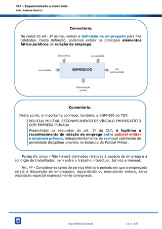 @professordaud 11 de 177
CLT - Esquematizada e atualizada
Prof. Antonio Daud Jr
Parágrafo único - Não haverá distinções relativas à espécie de emprego e à
condição de trabalhador, nem entre o trabalho intelectual, técnico e manual.
Art. 4º - Considera-se como de serviço efetivo o período em que o empregado
esteja à disposição do empregador, aguardando ou executando ordens, salvo
disposição especial expressamente consignada.
Comentário:
No caput do art. 3º acima, vemos a definição de empregado para fins
celetistas. Desta definição, podemos extrair os principais elementos
fático-jurídicos da relação de emprego:
Comentário:
Neste ponto, é importante conhecer, também, a SUM-386 do TST:
POLICIAL MILITAR. RECONHECIMENTO DE VÍNCULO EMPREGATÍCIO
COM EMPRESA PRIVADA
Preenchidos os requisitos do art. 3º da CLT, é legítimo o
reconhecimento de relação de emprego entre policial militar
e empresa privada, independentemente do eventual cabimento de
penalidade disciplinar prevista no Estatuto do Policial Militar.
 