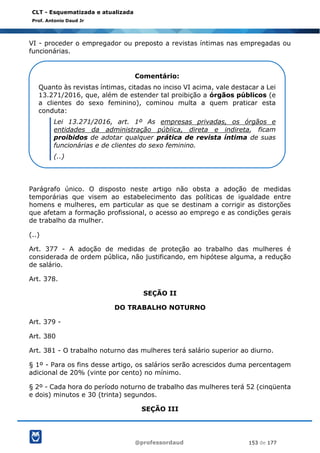@professordaud 153 de 177
CLT - Esquematizada e atualizada
Prof. Antonio Daud Jr
VI - proceder o empregador ou preposto a revistas íntimas nas empregadas ou
funcionárias.
Parágrafo único. O disposto neste artigo não obsta a adoção de medidas
temporárias que visem ao estabelecimento das políticas de igualdade entre
homens e mulheres, em particular as que se destinam a corrigir as distorções
que afetam a formação profissional, o acesso ao emprego e as condições gerais
de trabalho da mulher.
(..)
Art. 377 - A adoção de medidas de proteção ao trabalho das mulheres é
considerada de ordem pública, não justificando, em hipótese alguma, a redução
de salário.
Art. 378.
SEÇÃO II
DO TRABALHO NOTURNO
Art. 379 -
Art. 380
Art. 381 - O trabalho noturno das mulheres terá salário superior ao diurno.
§ 1º - Para os fins desse artigo, os salários serão acrescidos duma percentagem
adicional de 20% (vinte por cento) no mínimo.
§ 2º - Cada hora do período noturno de trabalho das mulheres terá 52 (cinqüenta
e dois) minutos e 30 (trinta) segundos.
SEÇÃO III
Comentário:
Quanto às revistas íntimas, citadas no inciso VI acima, vale destacar a Lei
13.271/2016, que, além de estender tal proibição a órgãos públicos (e
a clientes do sexo feminino), cominou multa a quem praticar esta
conduta:
Lei 13.271/2016, art. 1º As empresas privadas, os órgãos e
entidades da administração pública, direta e indireta, ficam
proibidos de adotar qualquer prática de revista íntima de suas
funcionárias e de clientes do sexo feminino.
(..)
 